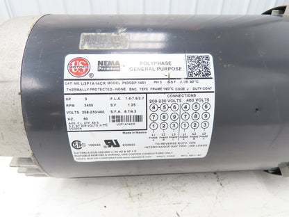US Motors P63GDP-1451 Polyphase AC Motor 3Hp 3450RPM 208-230/460V 3Ph 145TC TEFC