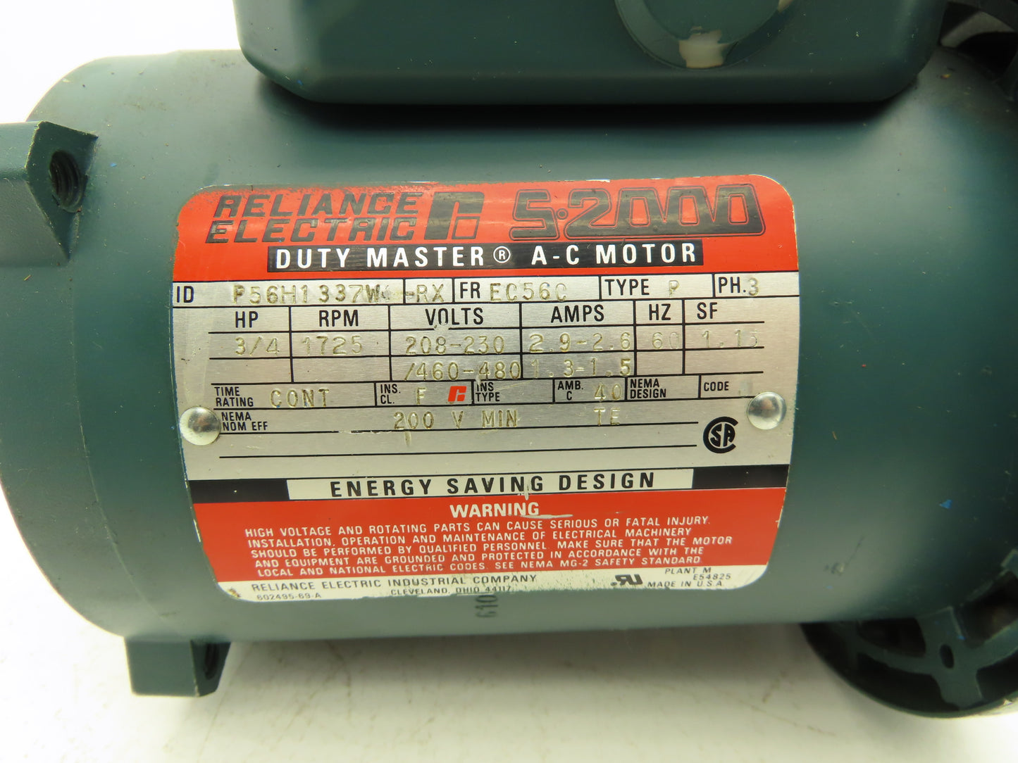 Reliance Electric P56H1337W AC Motor 3/4 Hp 1725RPM 230/460V 3Ph EC56C S2000