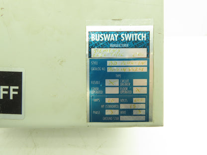 Siemens BOS143524 BD Busway Vacu-break Fusible Disconnect Switch 60A 600V