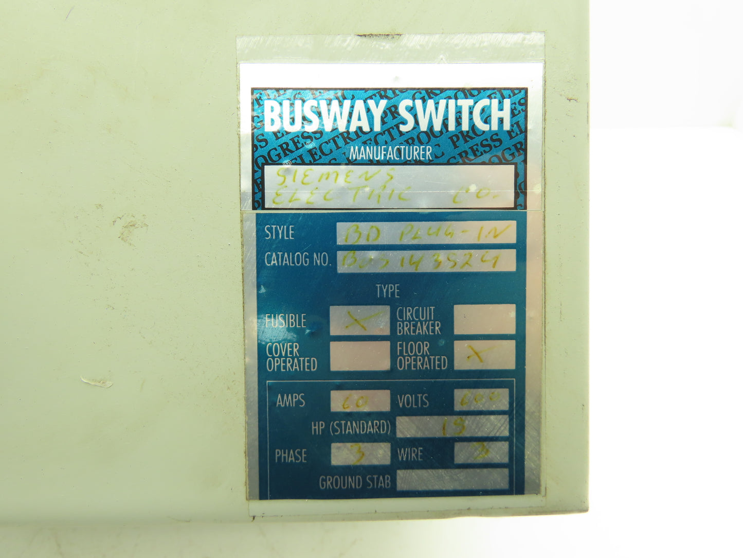 Siemens BOS143524 BD Busway Vacu-break Fusible Disconnect Switch 60A 600V