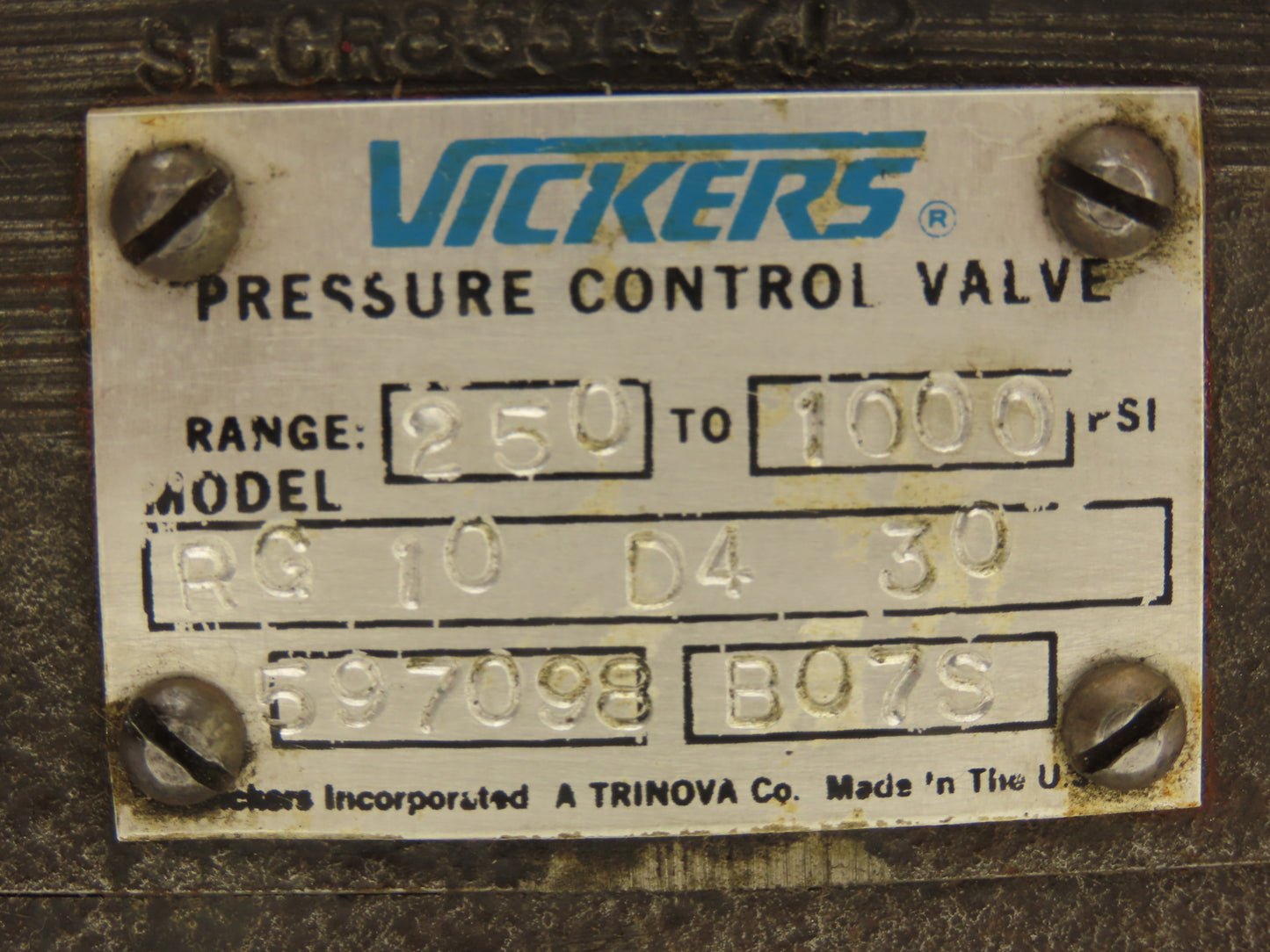 Vickers RG 10 D4 30 Hydraulic Pressure Relief Control Valve 250-1000 PSI