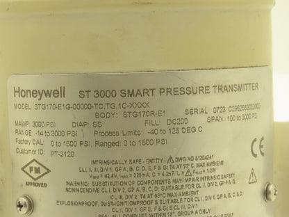 Honeywell STG170-E1G-00000-TC.TG.1C-XXXX Smart Pressure Transmitter 0-1500psi