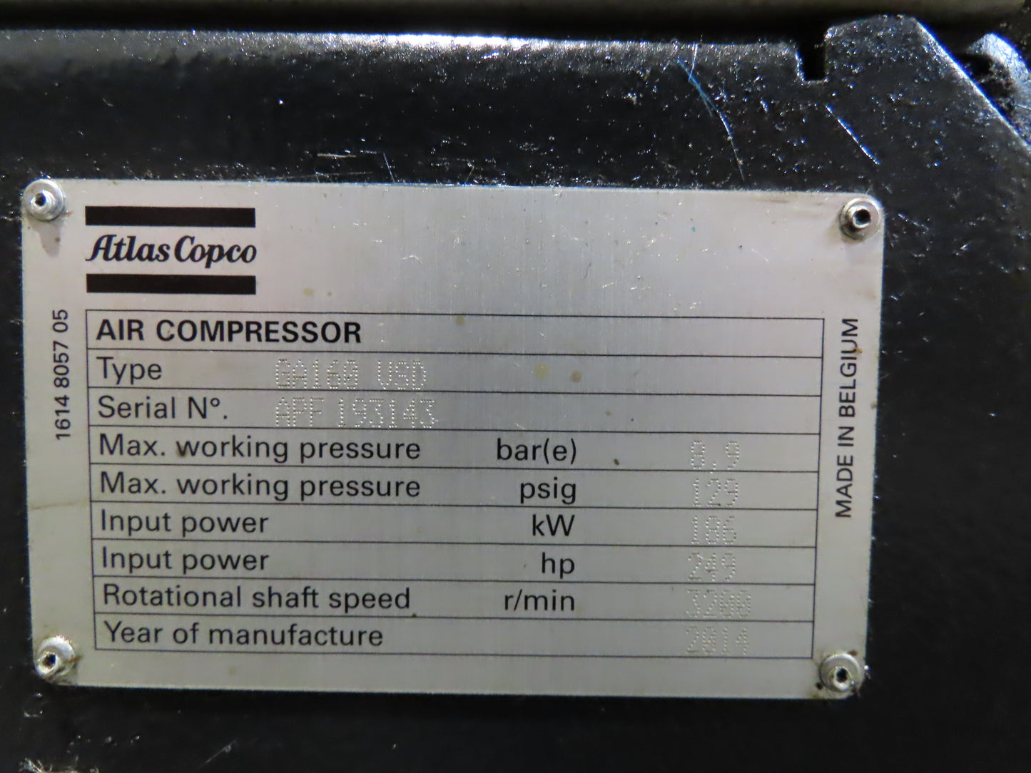 Atlas Copco GA160VSD-FF 215Hp Rotary Screw Air Compressor 1076CFM 460v Air Dryer