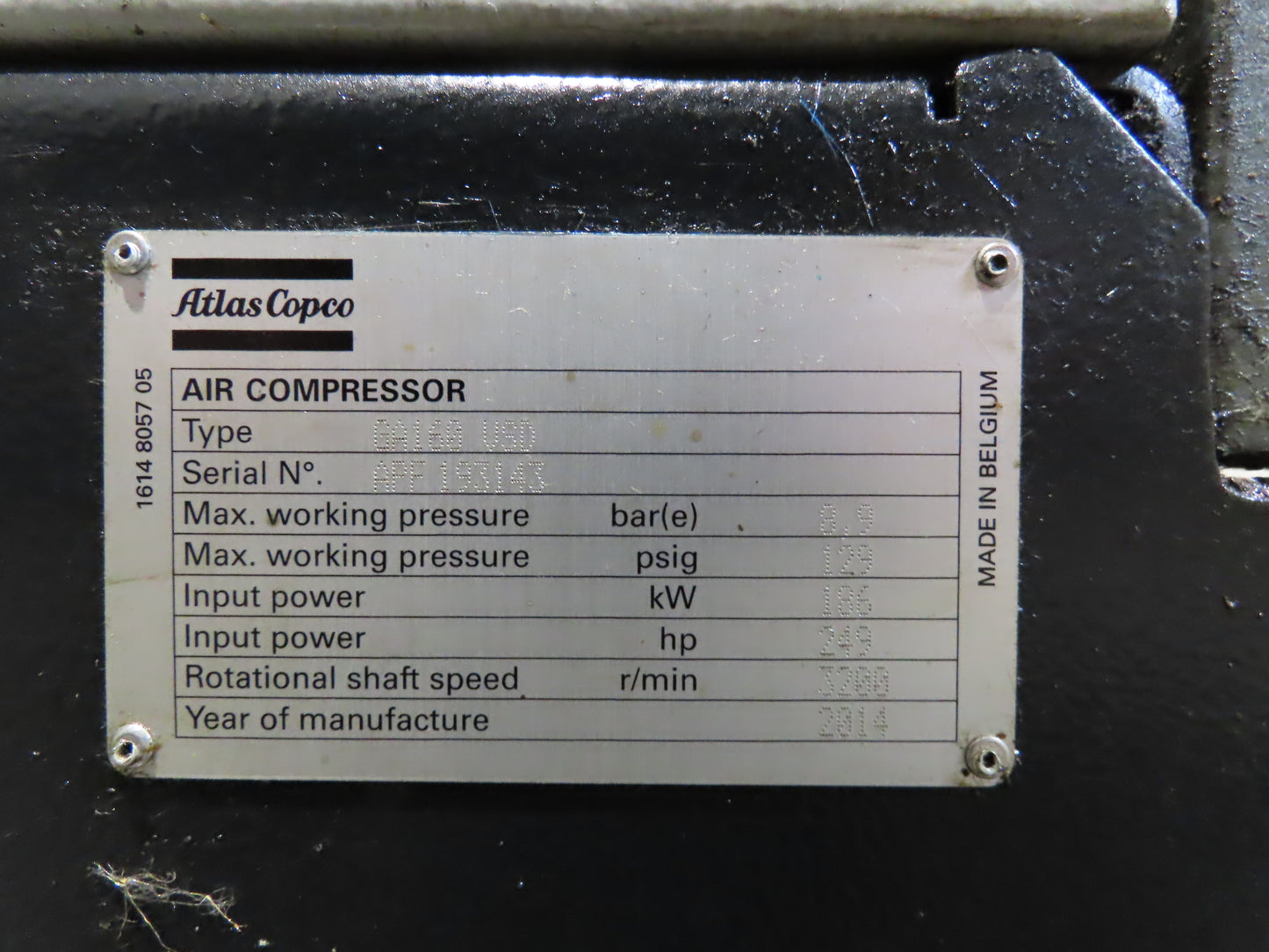 Atlas Copco GA160VSD-FF 215Hp Rotary Screw Air Compressor 1076CFM 460v Air Dryer