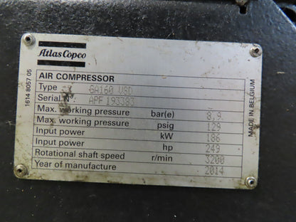 Atlas Copco GA160VSD-FF 215Hp Rotary Screw Air Compressor 1076CFM 460v Air Dryer