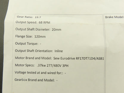 Sew Eurodrive RF17DT71D4/ASB1 Inline Gearmotor 86rpm .37kw 277/480V 3PH 20:1
