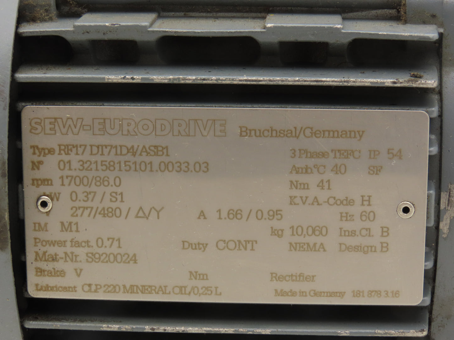 Sew Eurodrive RF17DT71D4/ASB1 Inline Gearmotor 86rpm .37kw 277/480V 3PH 20:1