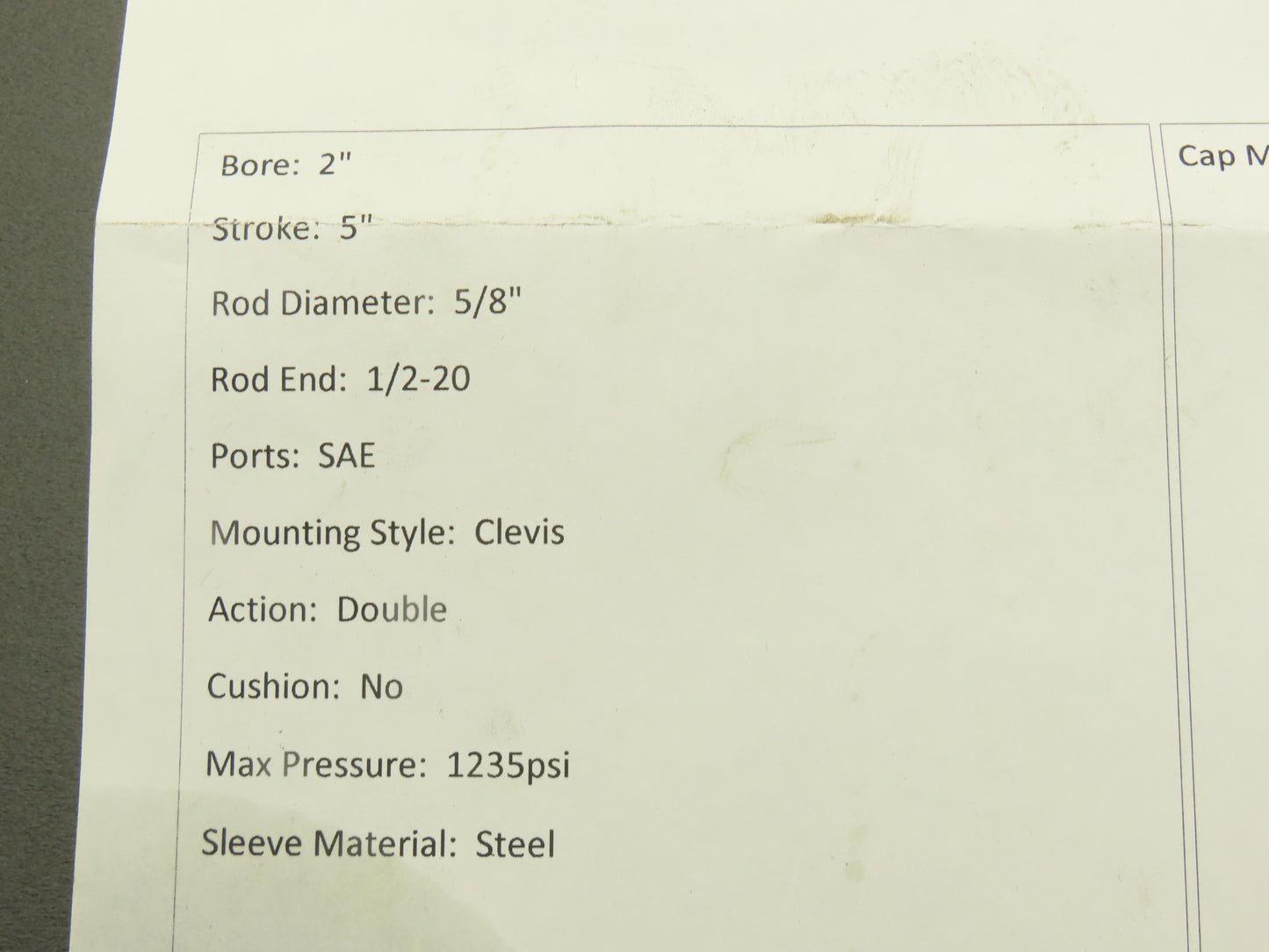 Parker BB3LLTS18A Hydraulic Cylinder 2"Bore 5"Stroke 1235psi Clevis Mount