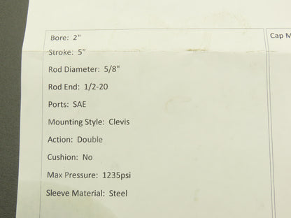 Parker BB3LLTS18A Hydraulic Cylinder 2"Bore 5"Stroke 1235psi Clevis Mount