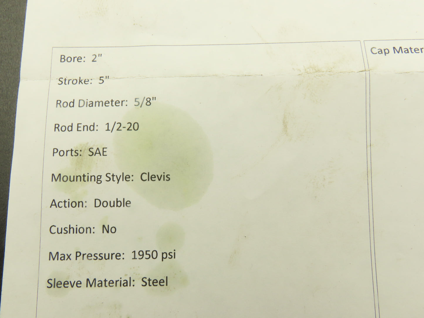 Parker BB3LLTS18 2.00 Hydraulic Cylinder 2"Bore 5"Stroke 1950psi Clevis Mount