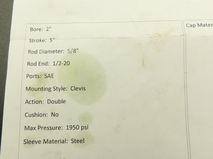 Parker BB3LLTS18 2.00 Hydraulic Cylinder 2"Bore 5"Stroke 1950psi Clevis Mount