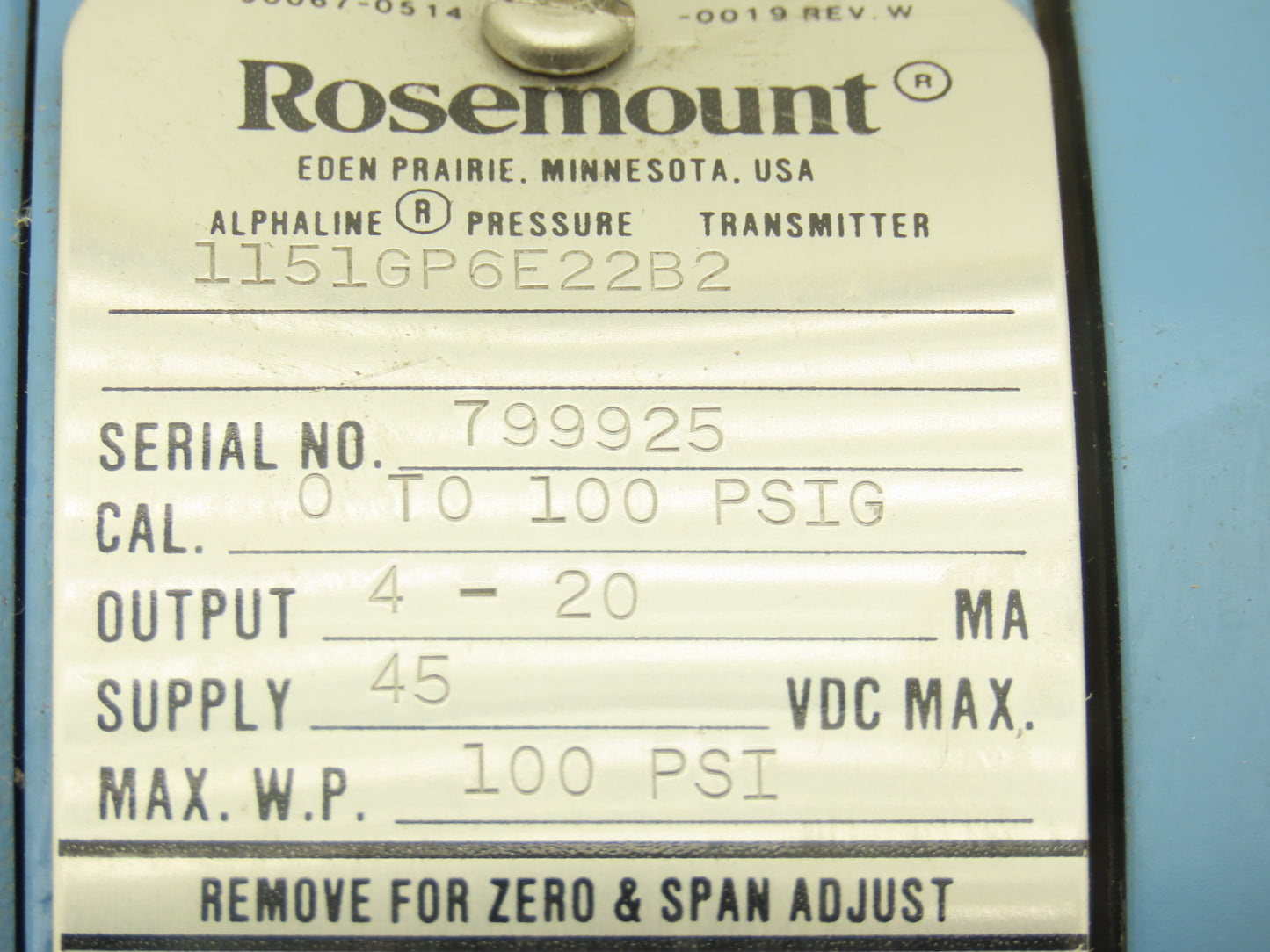Rosemount 1151GP6E22B2 Alphaline Pressure Transmitter 0-100PSI 45VDC