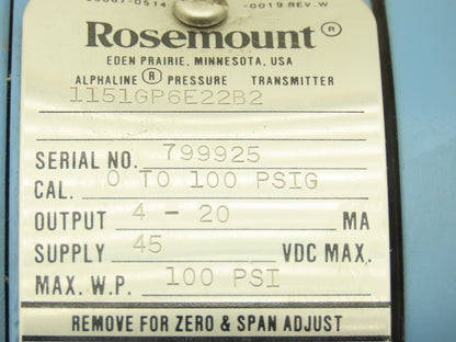 Rosemount 1151GP6E22B2 Alphaline Pressure Transmitter 0-100PSI 45VDC