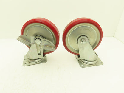 200x42mm 8" Red Polyurethane Swivel Plate Caster Wheel w/Brake J-200S  Lot of 2