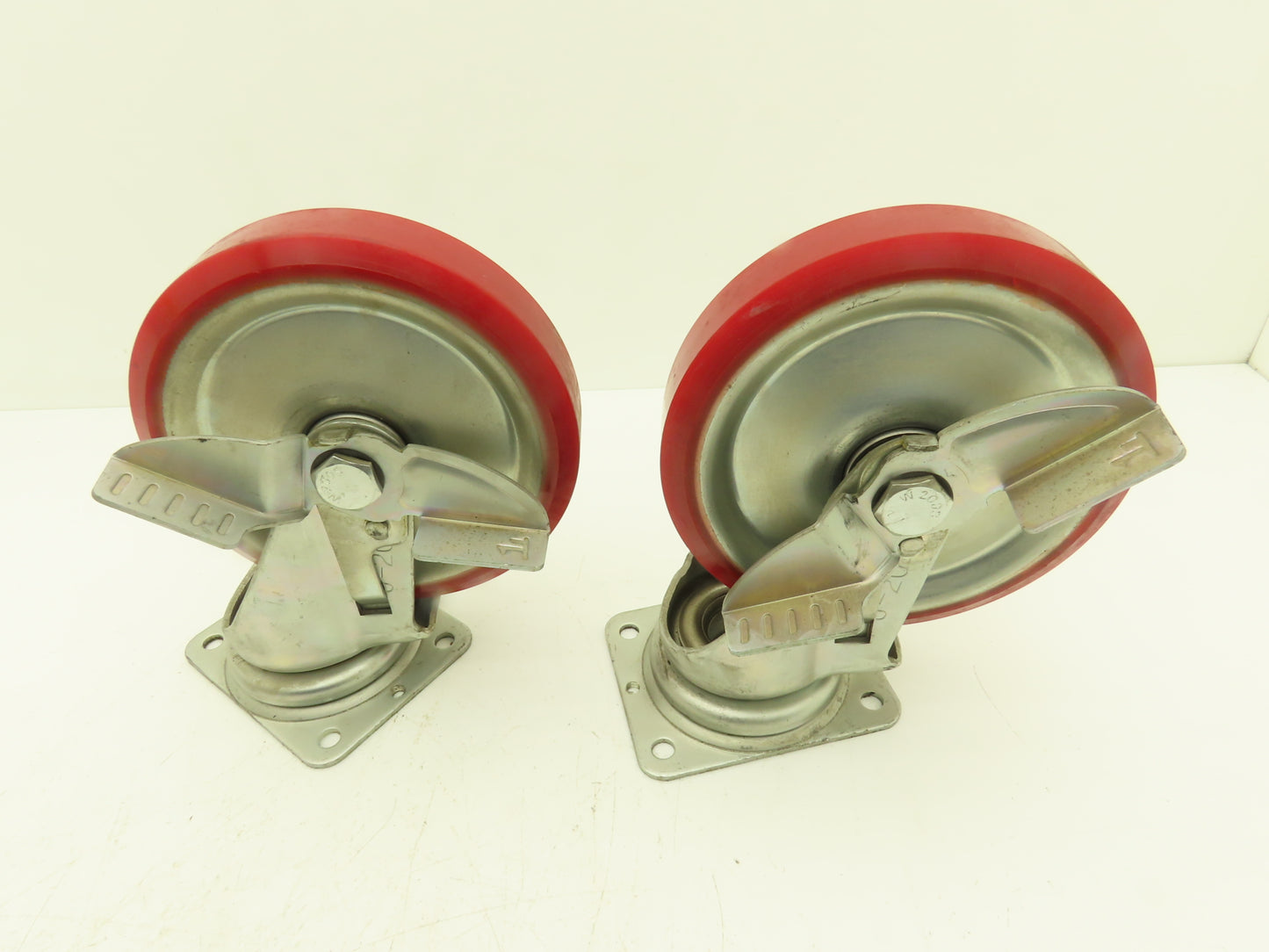 200x42mm 8" Red Polyurethane Swivel Plate Caster Wheel w/Brake J-200S  Lot of 2