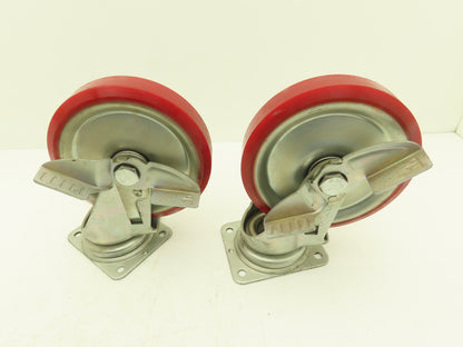 200x42mm 8" Red Polyurethane Swivel Plate Caster Wheel w/Brake J-200S  Lot of 2
