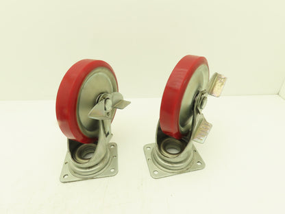 200x42mm 8" Red Polyurethane Swivel Plate Caster Wheel w/Brake J-200S  Lot of 2