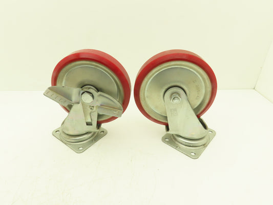 200x42mm 8" Red Polyurethane Swivel Plate Caster Wheel w/Brake J-200S  Lot of 2