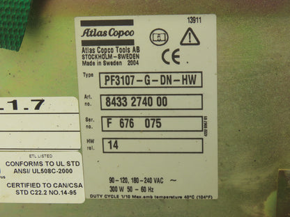 Atlas Copco PF3107-G-DN-HW Nutrunner Drive Torque Controller Tensor 3/7 240VAC
