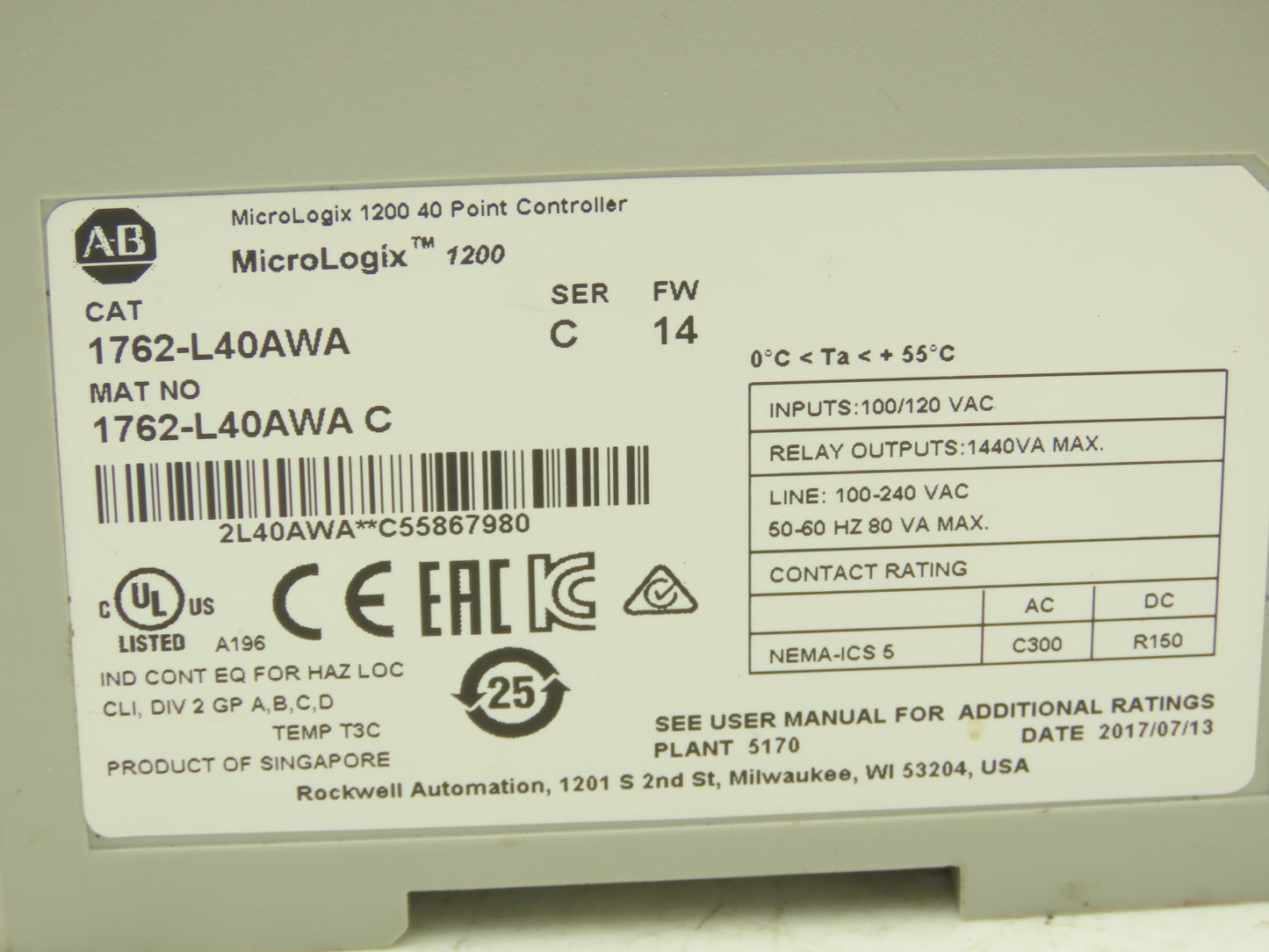 Allen Bradley 1762-L40AWA MicroLogix 1200 PLC Input Output Module Ser C FW 14