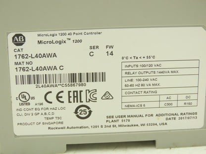 Allen Bradley 1762-L40AWA MicroLogix 1200 PLC Input Output Module Ser C FW 14