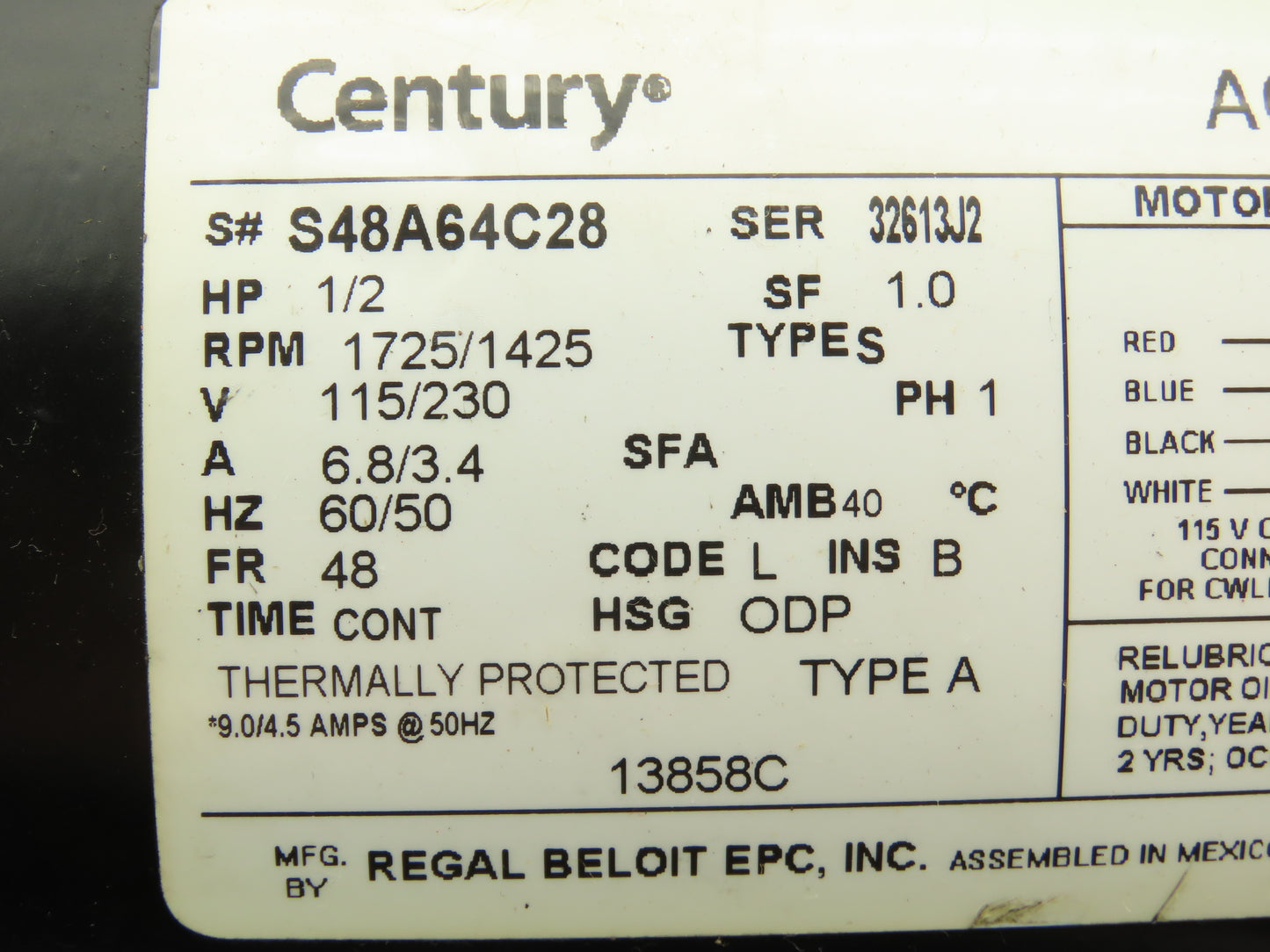 AO Smith S48A64C28 AC Motor 1/2Hp 1725 RPM 115/230V 1PH 48 Frame Pump Shaft