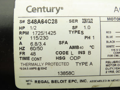 AO Smith S48A64C28 AC Motor 1/2Hp 1725 RPM 115/230V 1PH 48 Frame Pump Shaft
