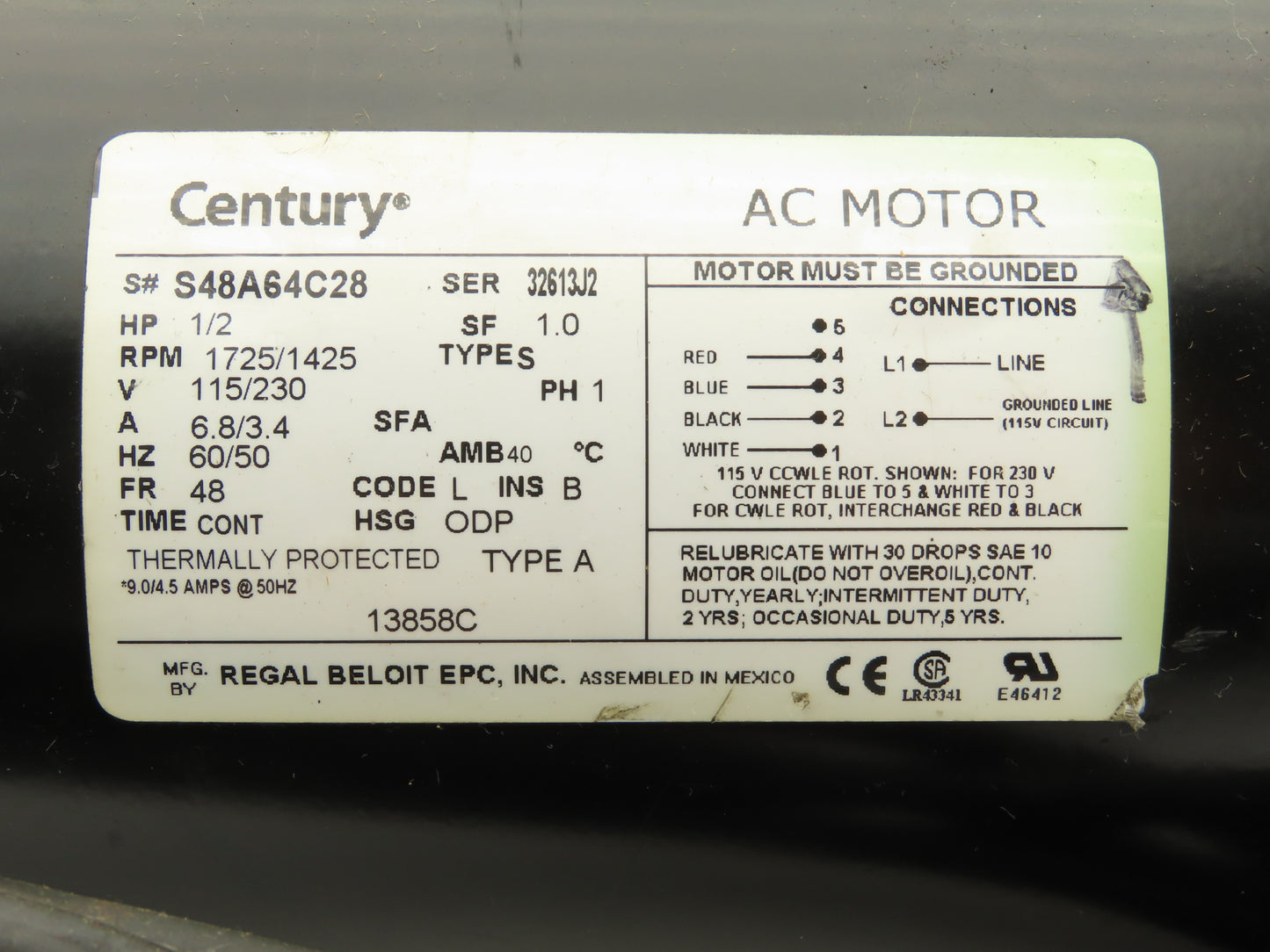 AO Smith S48A64C28 AC Motor 1/2Hp 1725 RPM 115/230V 1PH 48 Frame Pump Shaft