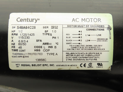 AO Smith S48A64C28 AC Motor 1/2Hp 1725 RPM 115/230V 1PH 48 Frame Pump Shaft