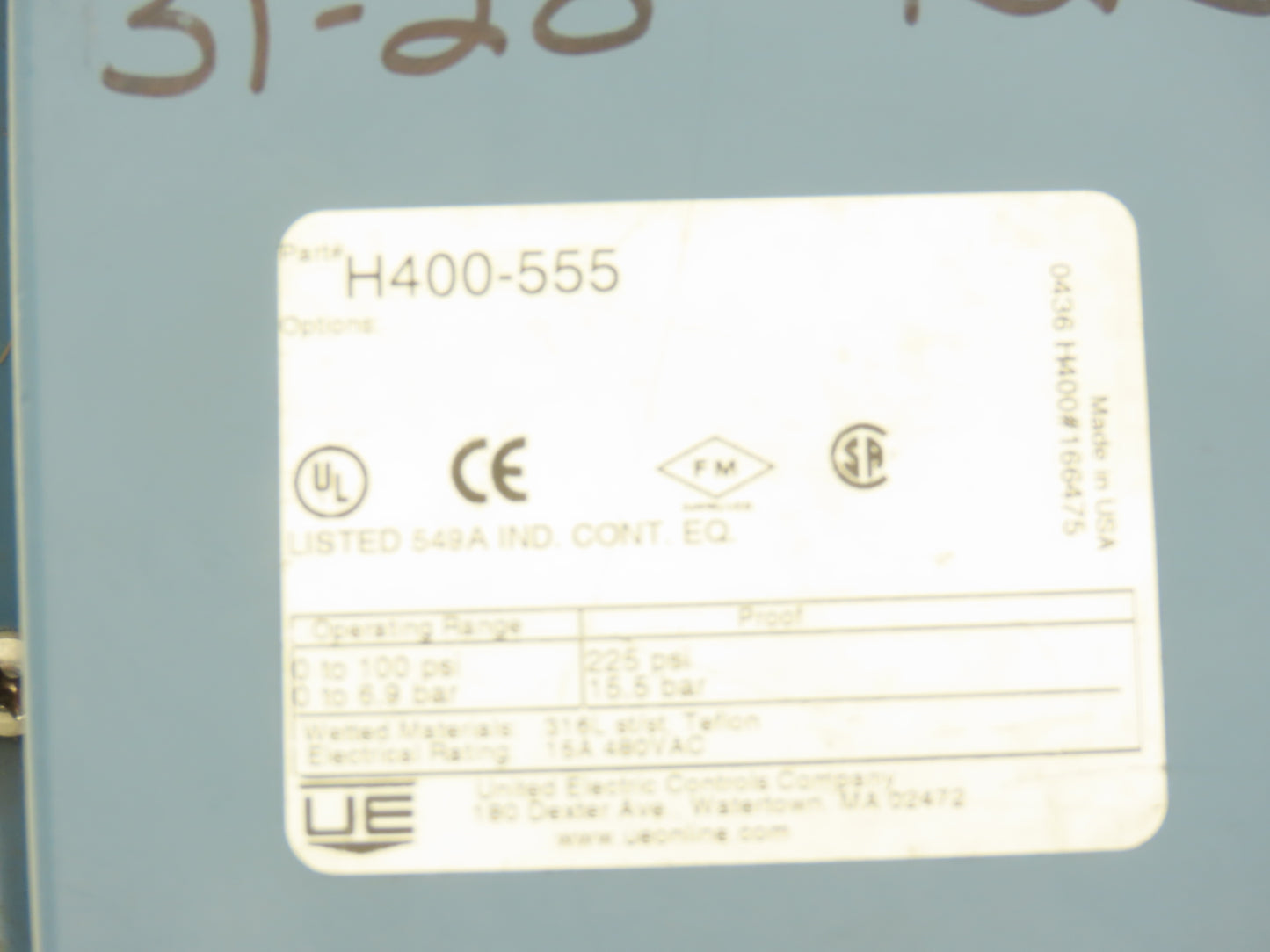 United Electric H400-555 Pressure Switch 0-100 PSI 480VAC 1/4"NPT