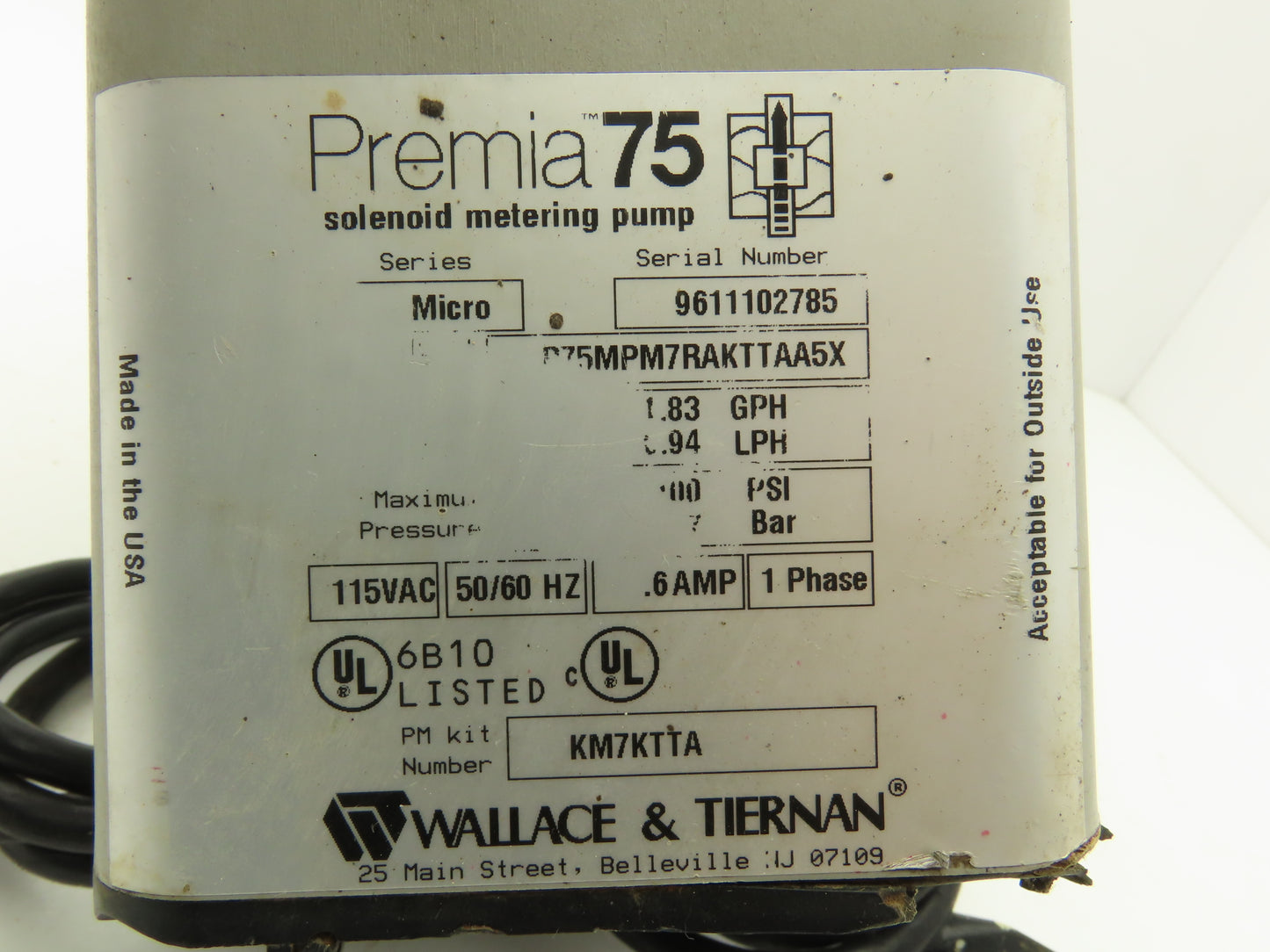 Wallace & Tiernan Premia 75 Metering Pump 2.5 GPH 150psi 115V P75MPM7RAKTTAA5X