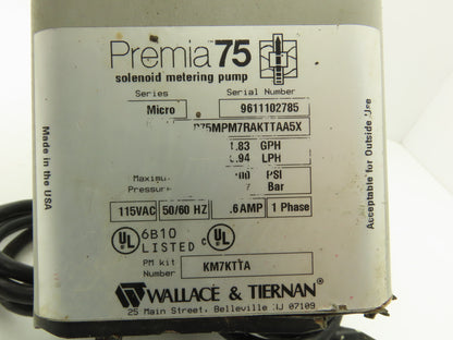 Wallace & Tiernan Premia 75 Metering Pump 2.5 GPH 150psi 115V P75MPM7RAKTTAA5X