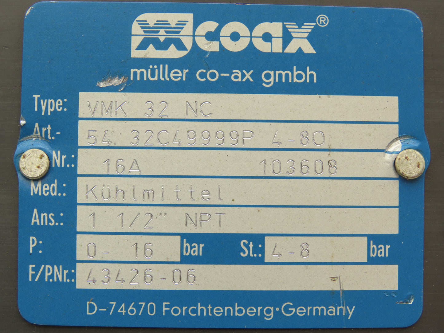 Coax VMK 32 NC Pneumatic Coaxial Valve 2/2-Way Normally Closed 1.5"NPT Steel