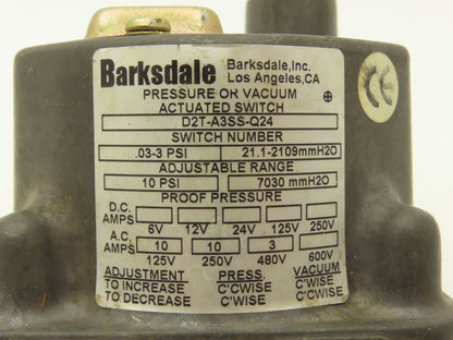 Barksdale D2T-A3SS-Q24 Pressure or Vacuum Actuated Switch 0.3-3 psi Range