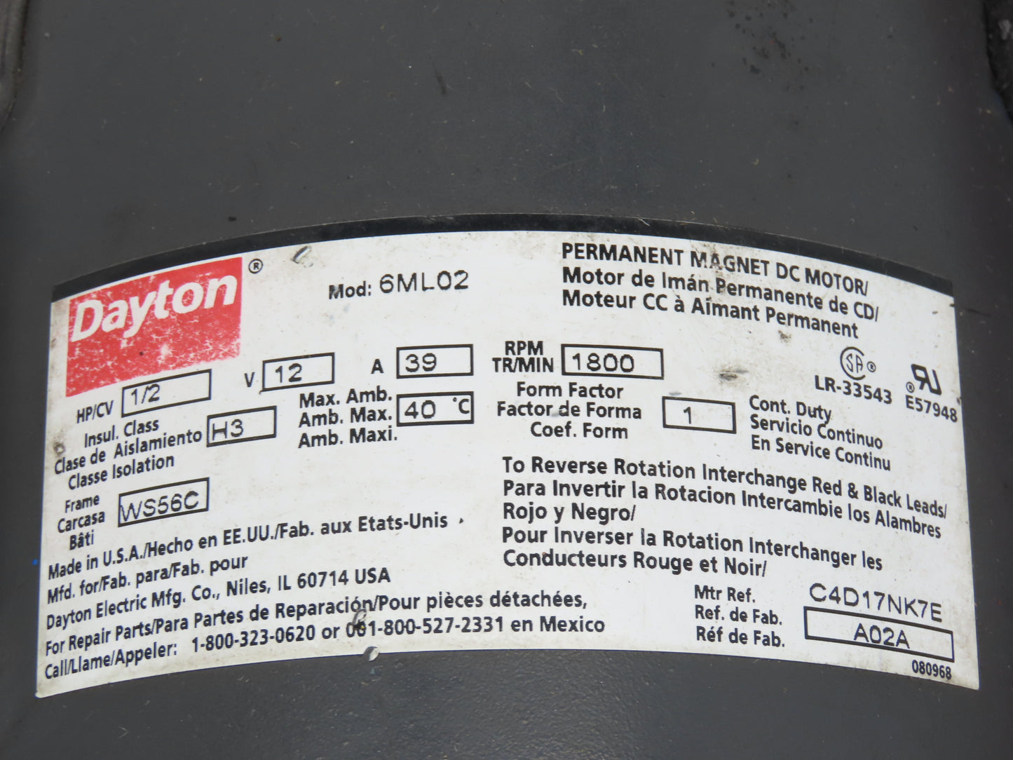 Dayton 4Z617B Gearbox 17.5:1 Speed Reducer 1/2Hp 99 RPM 12VDC 39A 454in/lbs