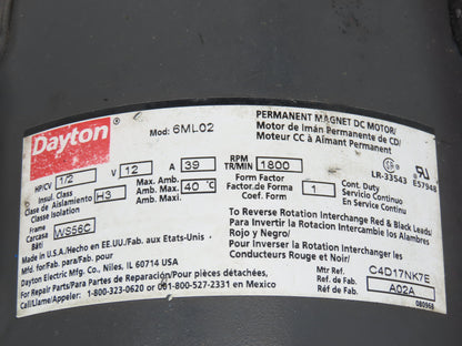 Dayton 4Z617B Gearbox 17.5:1 Speed Reducer 1/2Hp 99 RPM 12VDC 39A 454in/lbs