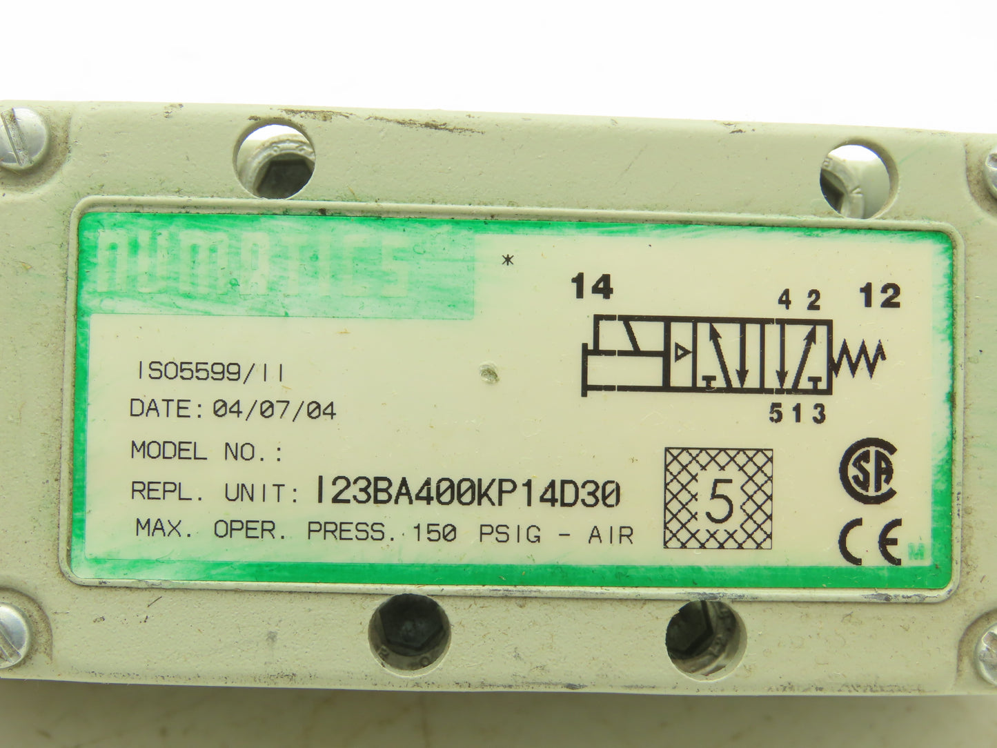 Numatics I23BA400KP14D30 Pneumatic Solenoid Valve 4/2 150psi 120VAC