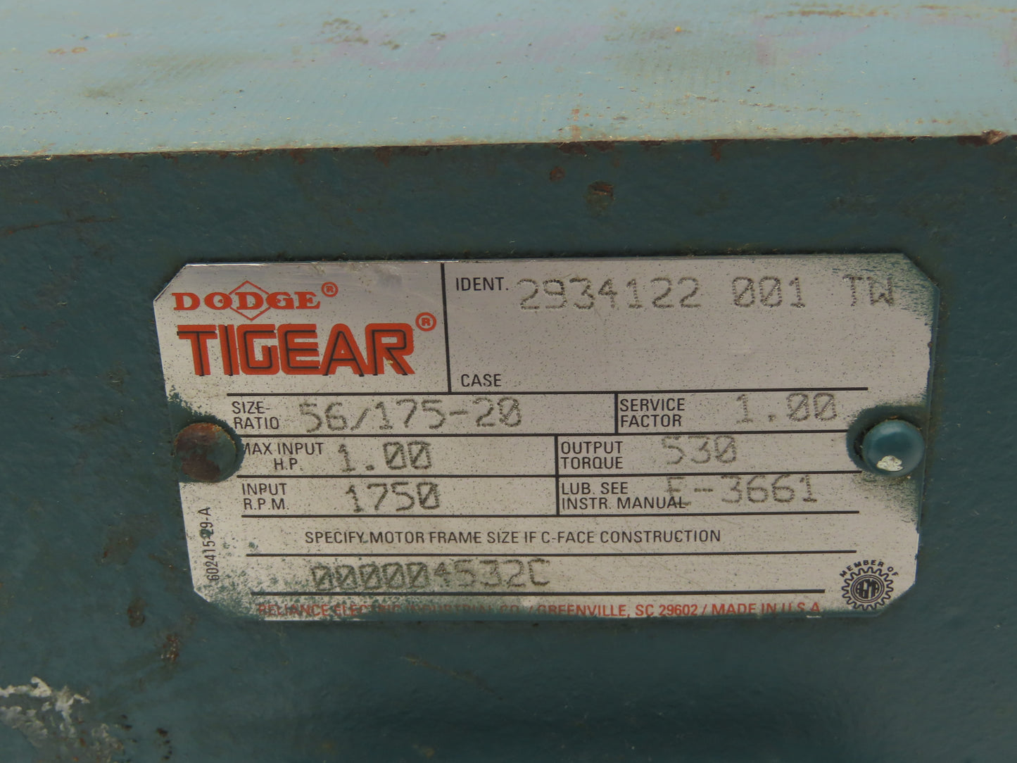 Dodge Tigear 56/175/20 Worm Gearbox 20:1 Reducer 1Hp 88rpm 56C LH Output
