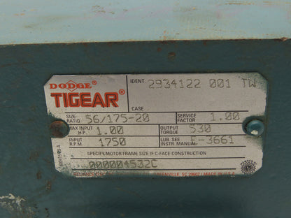 Dodge Tigear 56/175/20 Worm Gearbox 20:1 Reducer 1Hp 88rpm 56C LH Output