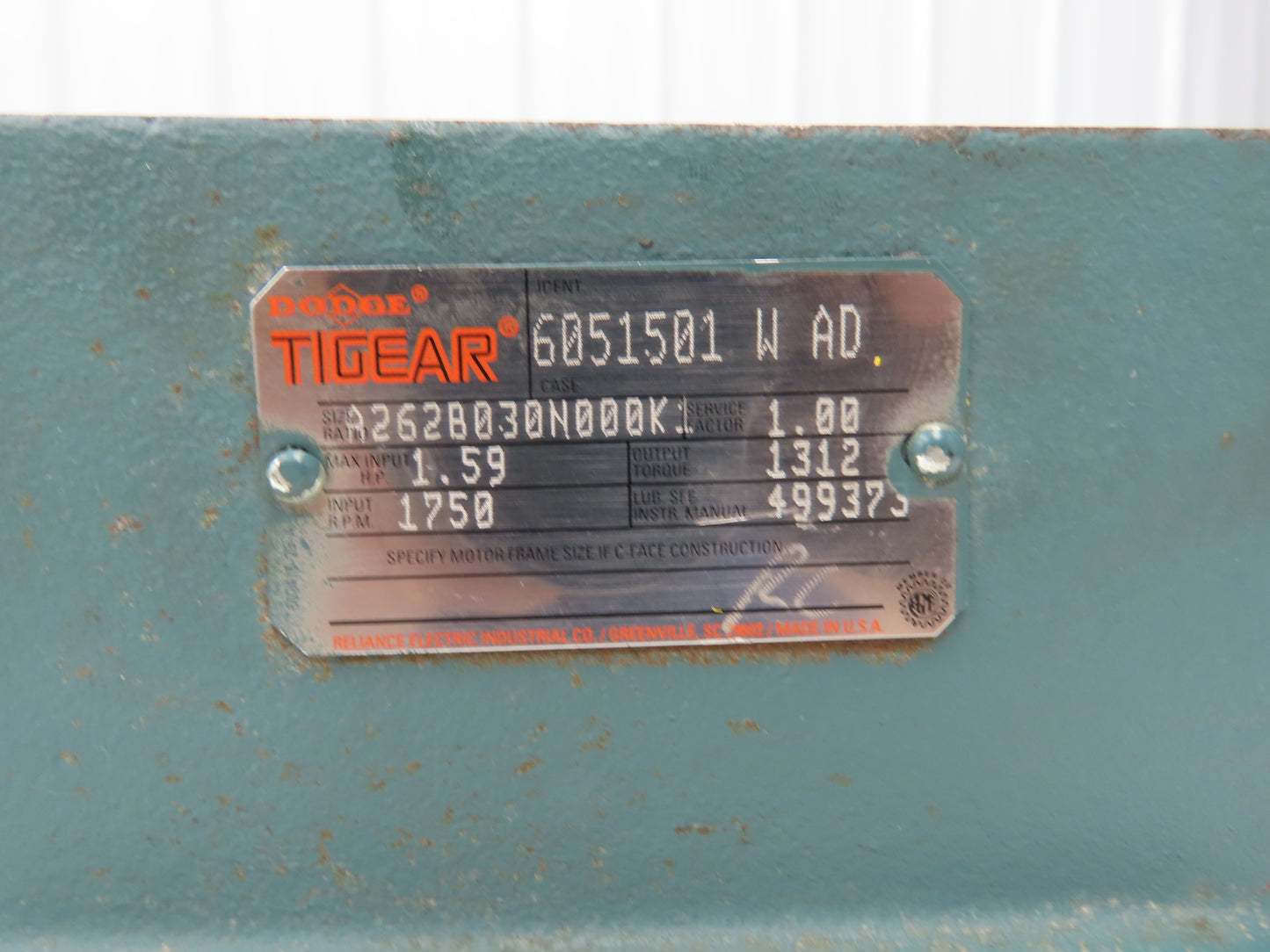 Dodge Tigear A262B030N000K1 Worm Gearbox 30:1 Reducer 1.6Hp 58rpm LH Output