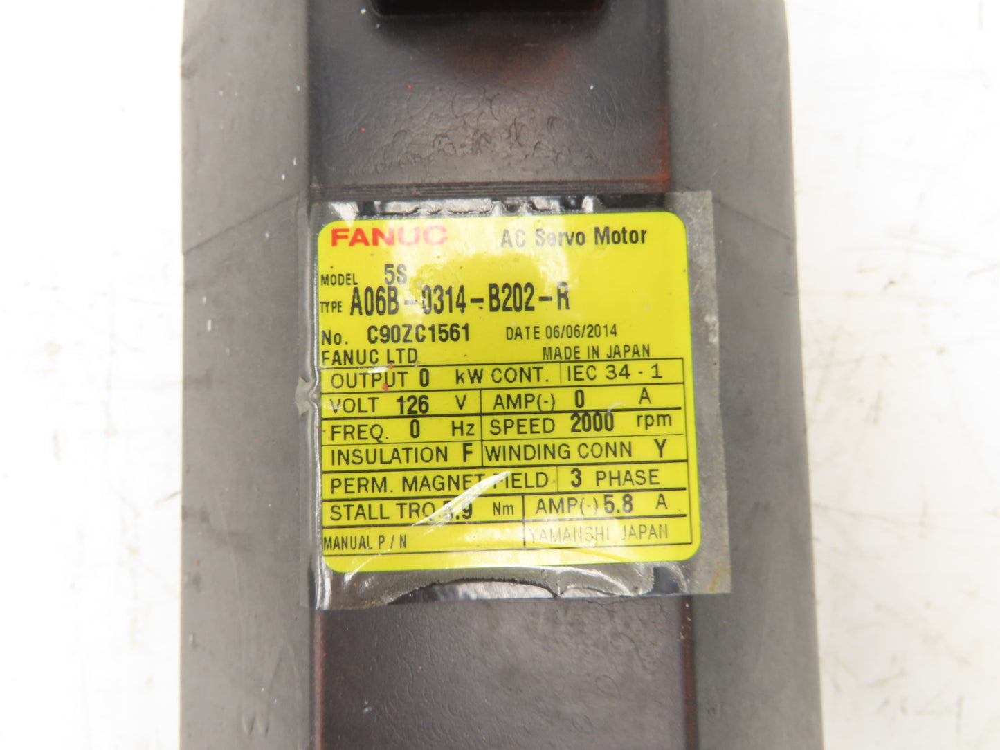 Fanuc AC Servo Motor 126V 2000 RPM Encoder A860-0304-T112