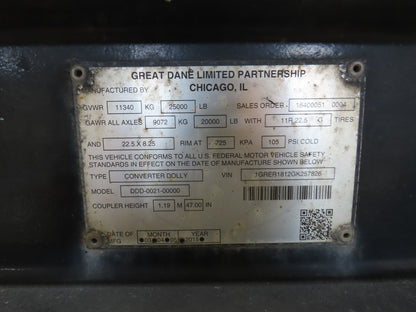 Great Dane Convertor Dolly 25000lbs Semi Truck Trailer Single Axle ABS Spring