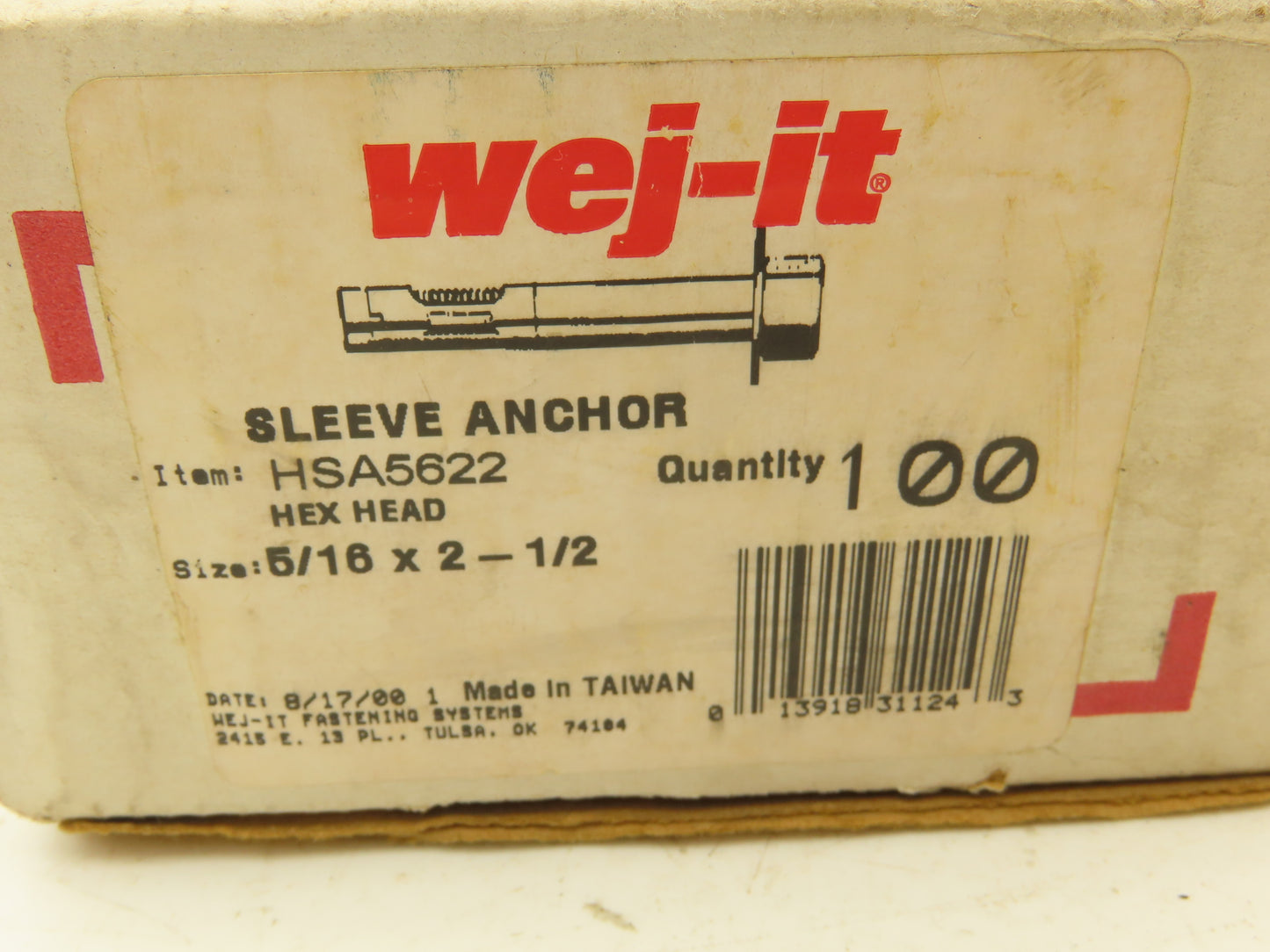 Wej-It HSA5622 Hex Head Sleeve Anchor Lot of 100