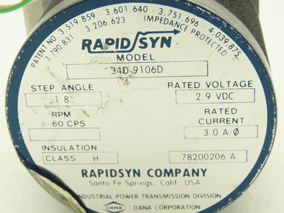 Rapidsyn 34D-9106D Dana Stepper Motor Assy 1.8 Step Angle 2.9VDC RPM 60CPS 3.0 A