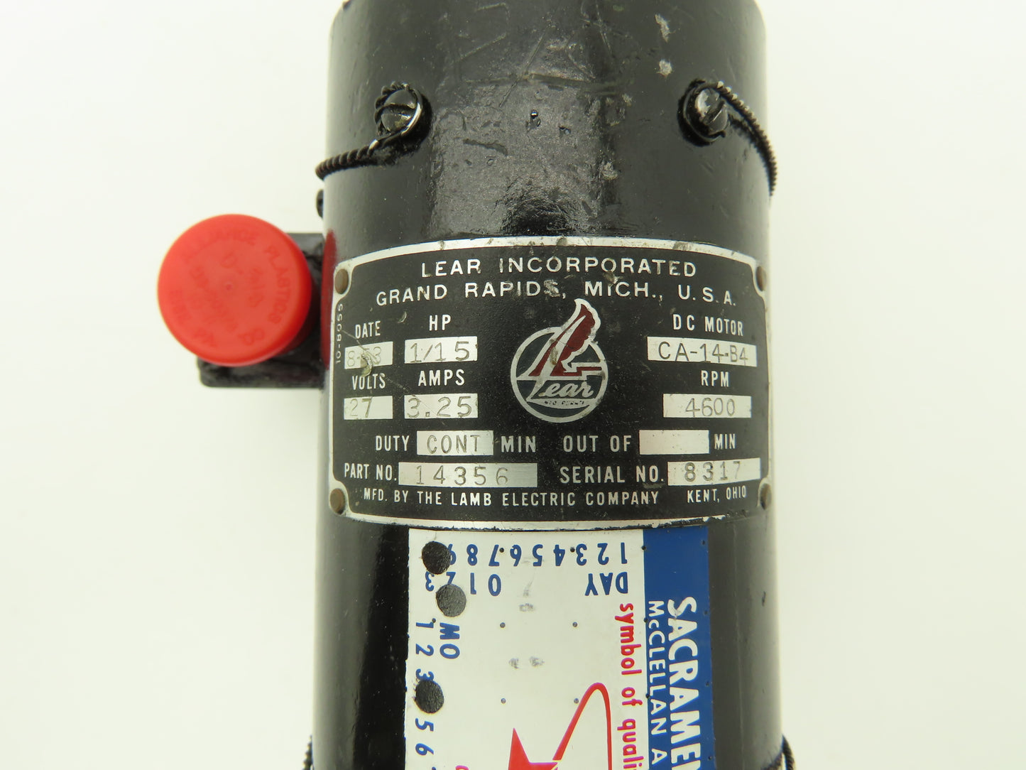 Lear Inc. RG-8160-2D Vacuum Pump W DC Motor 1/15 Hp 27VDC 3.25A 4600 RPM