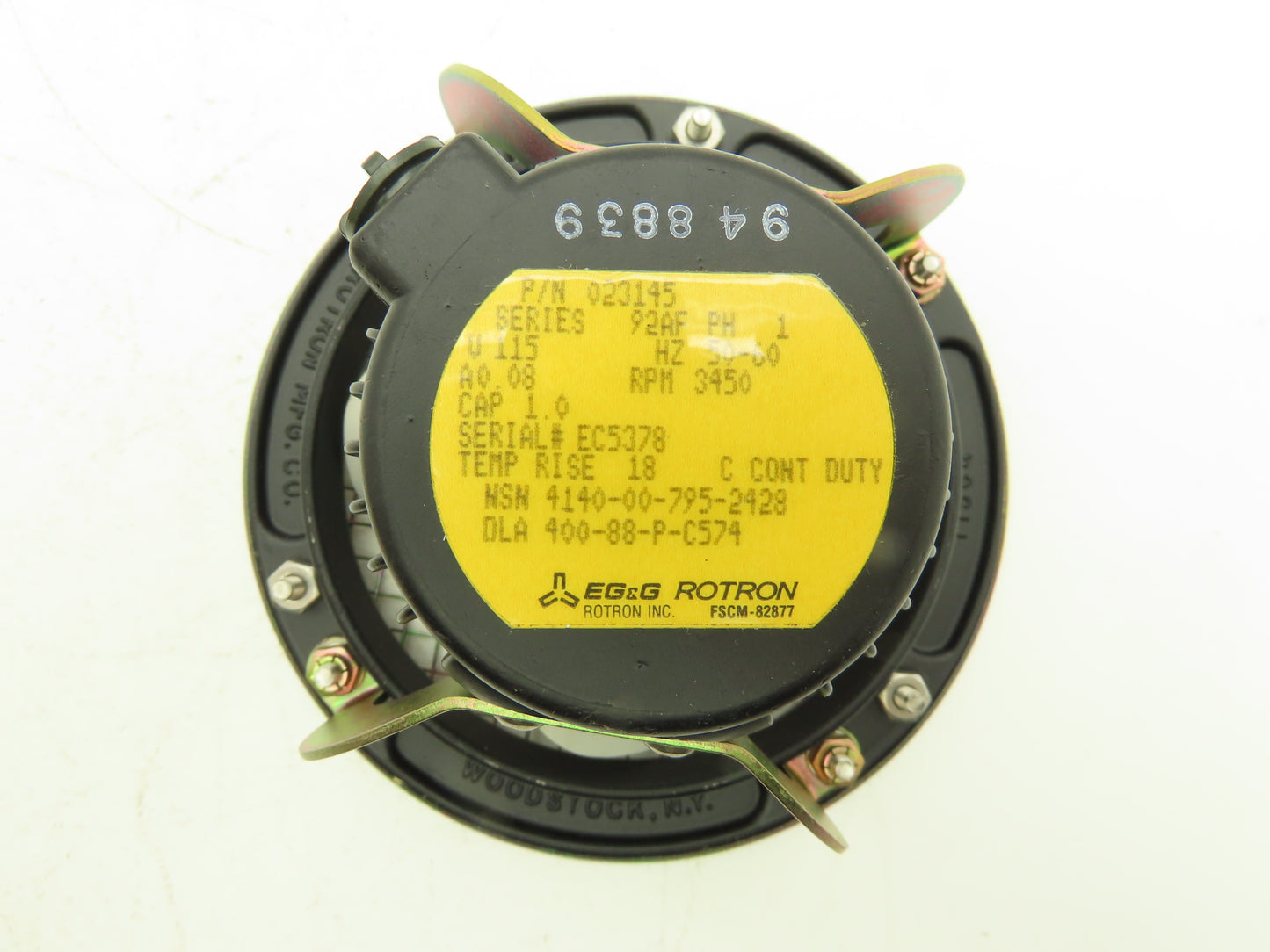 EG&G Rotron 023145 Circulating Fan W Guard 115VAC 50/60Hz 1 Ph 3450 RPM 85CFM