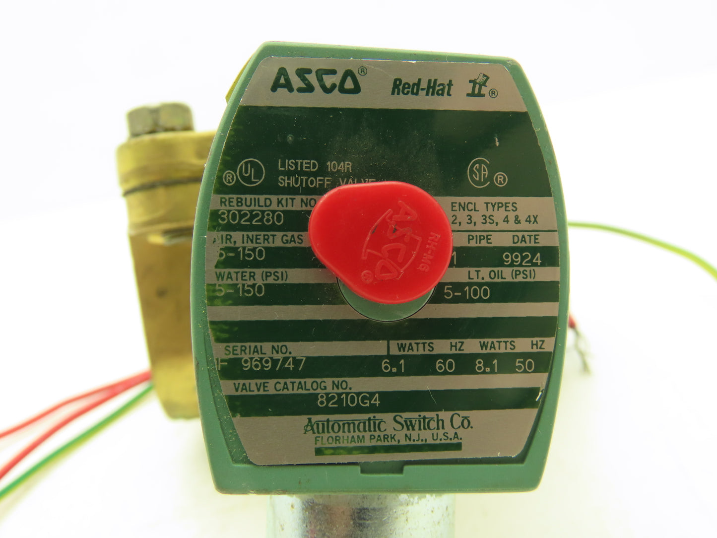 Asco 8210G4 Brass Solenoid Valve 2-Way 1"NPT 120VAC Normally Closed 5-150 PSI