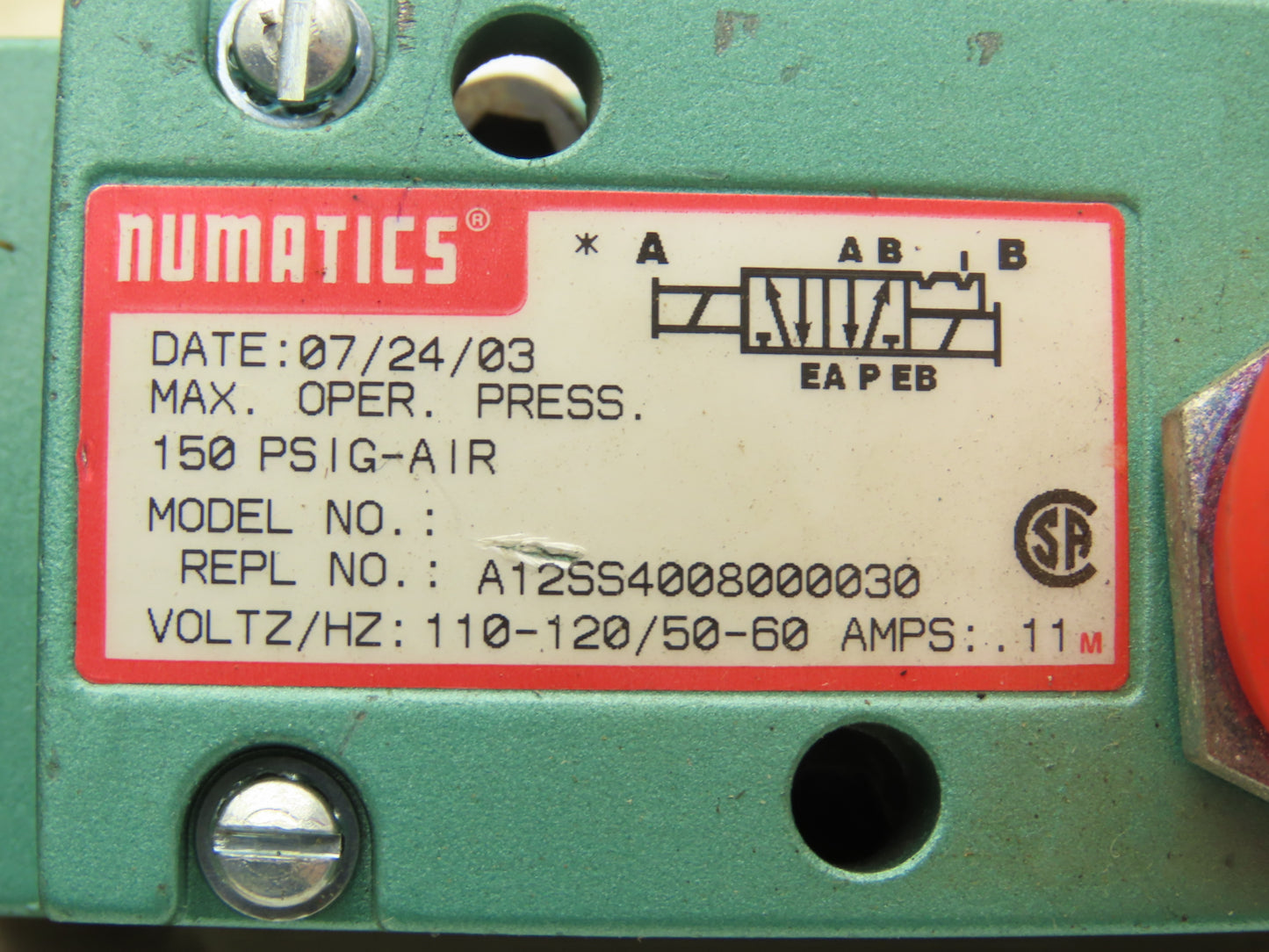 Numatics A12SS4008000030 Pneumatic Double Solenoid Valve 120V 150 PSI 5/2 MK15