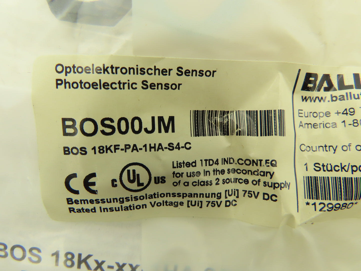 Balluff BOS 18KF-PA-1HA-S4-C Photoelectric Diffuse Sensor 10-30VDC 18mm x 96mm