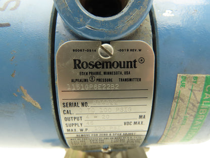 Rosemount 1151GP6E22B2 Differential Pressure Transmitter Max 45DCV WP 0-100 PSI
